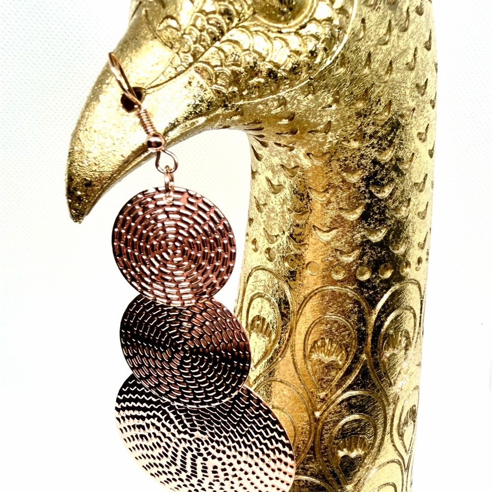 Rose Gold Textured Triple Disc Drop Earrings for Women - Picture 2 of 6
